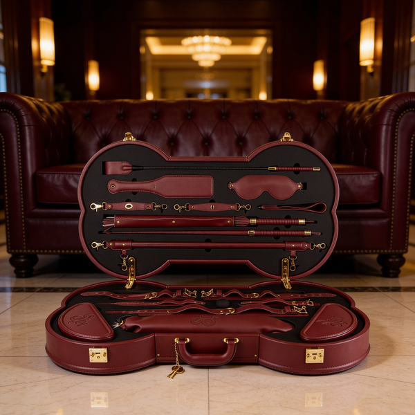 The open BONE case on a marble floor in front of a burgundy chesterfield