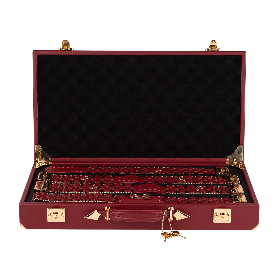 The burgundy KEEN case open, woven gold-and-burgundy straps inside