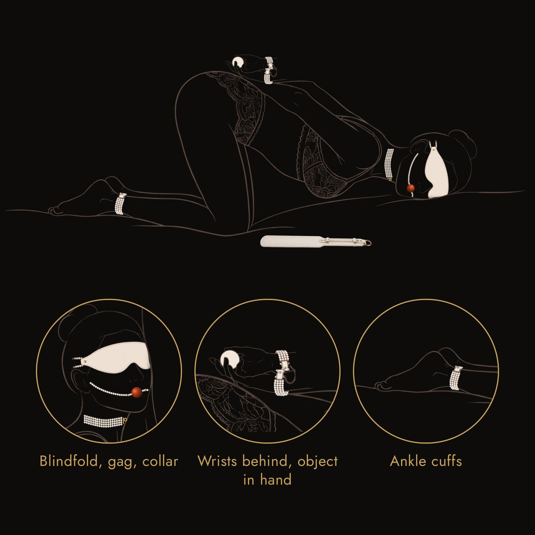 Every piece of the Pearl set worn at once with the paddle beside her